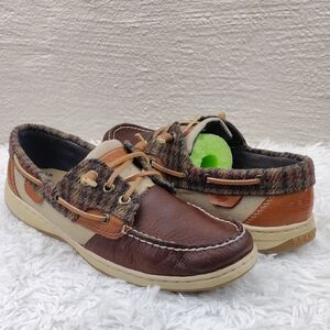 Sperry Top-Sider Brown Leather Plaid Tweed Upper Round Toe Lace Up Boat Shoe